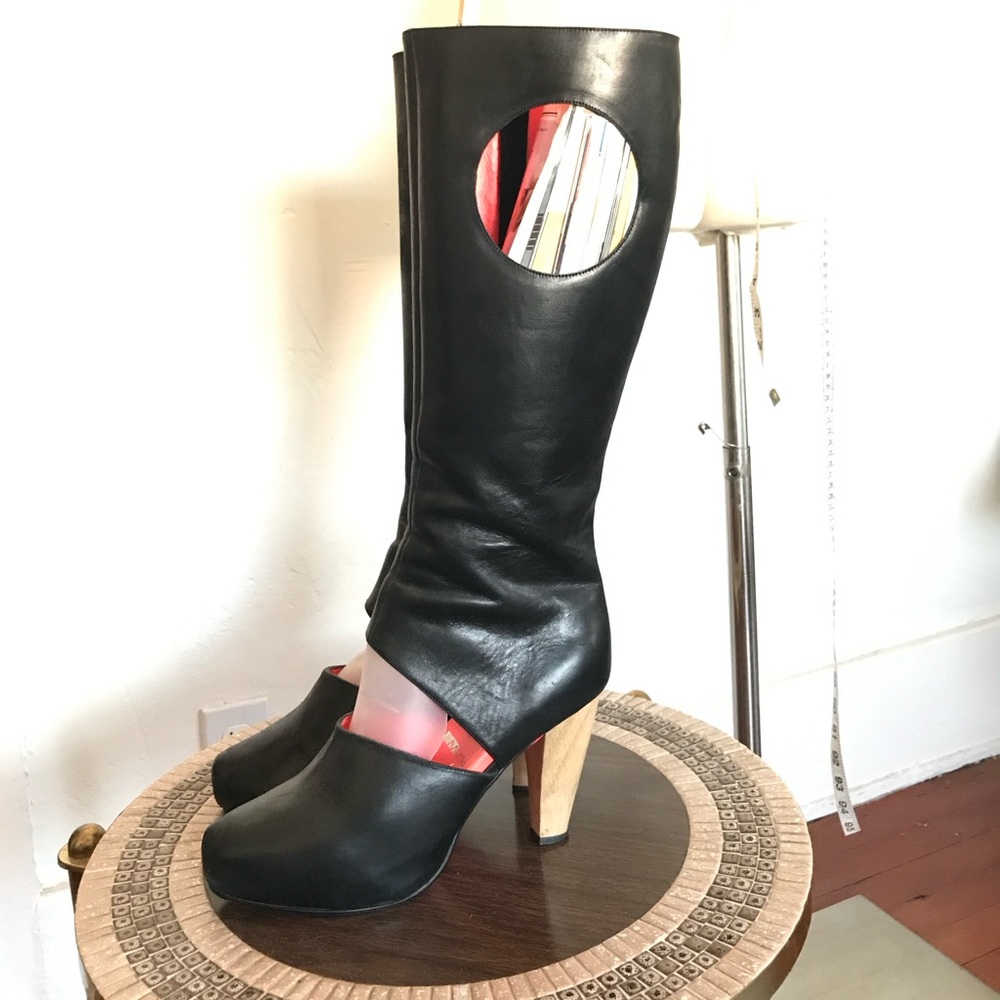 SOLD Matiko Cut Out Opening Black Leather knee high Tall Boots size 9.5 - Picture 3 of 10